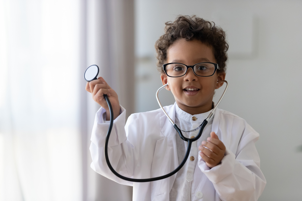 cute,small,african,american,kid,boy,wear,medical,uniform,glasses